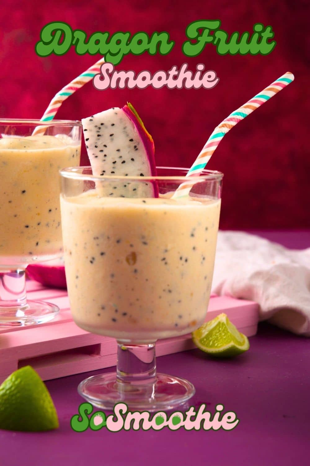 White dragon fruit smoothie in glass with straw and text overlay that says 'Dragon Fruit Smoothie'.