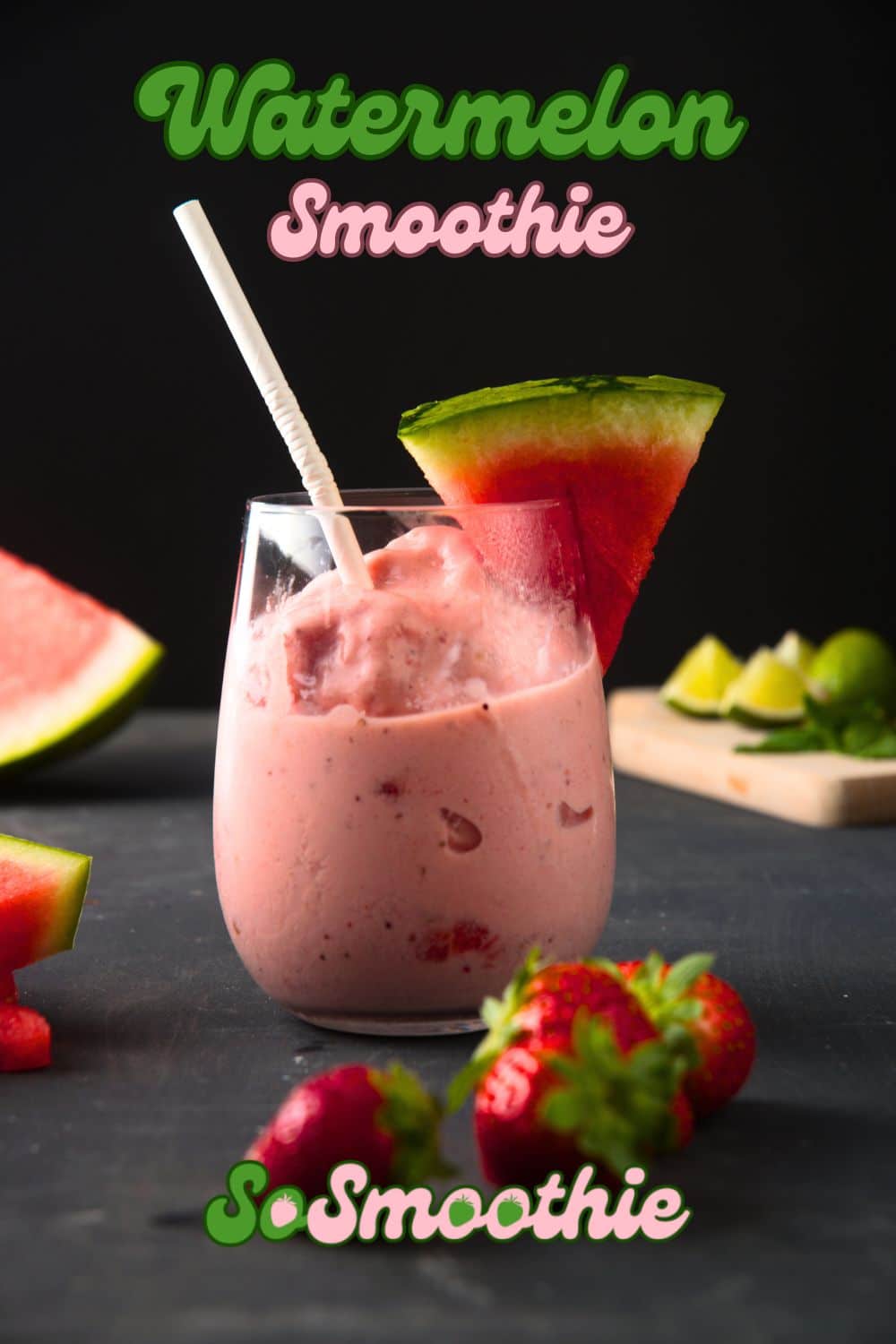 Watermelon smoothie in clear glass with text overlay that says 'Watermelon Smoothie'.