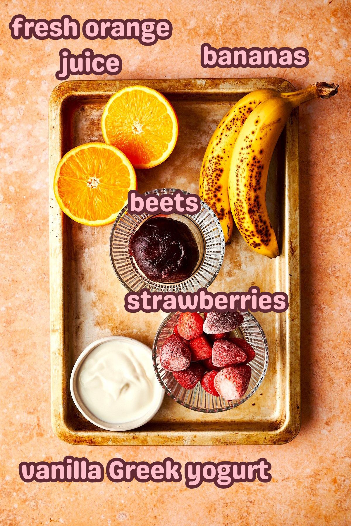 Beet smoothie ingredients labeled.