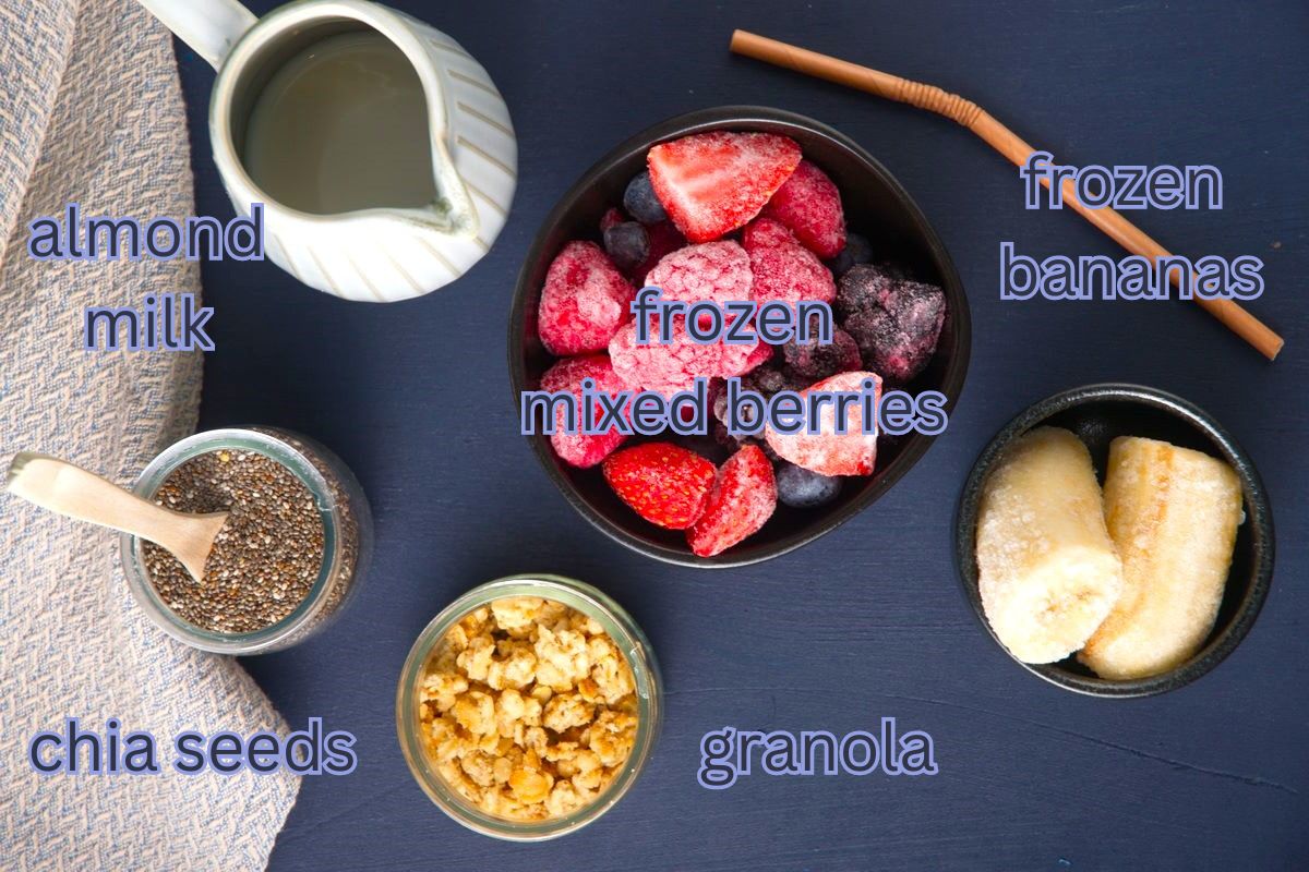 Chia seed smoothie ingredients labelled on blue background.