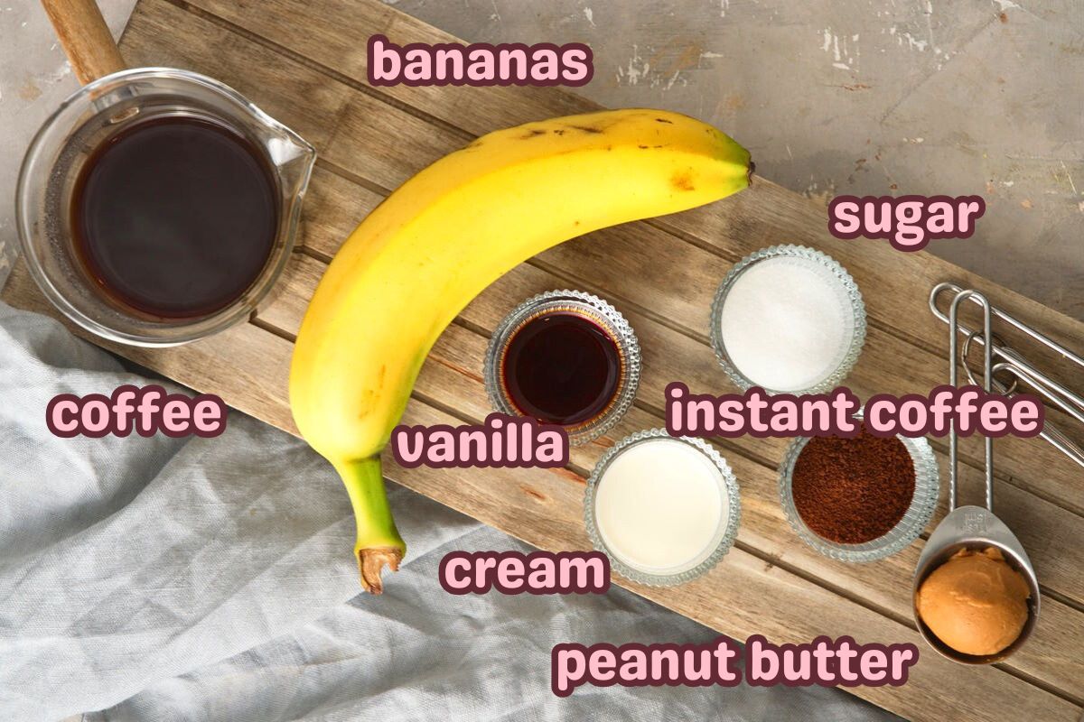 Coffee smoothie ingredients labeled.