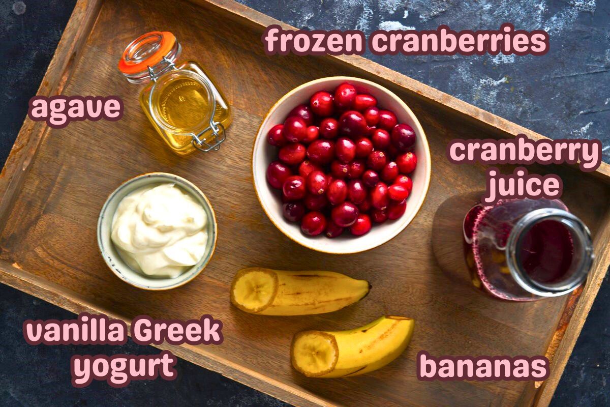 Cranberry smoothie ingredients prepped and labeled.