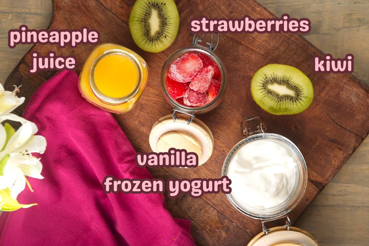 Kiwi smoothie ingredients labeled.