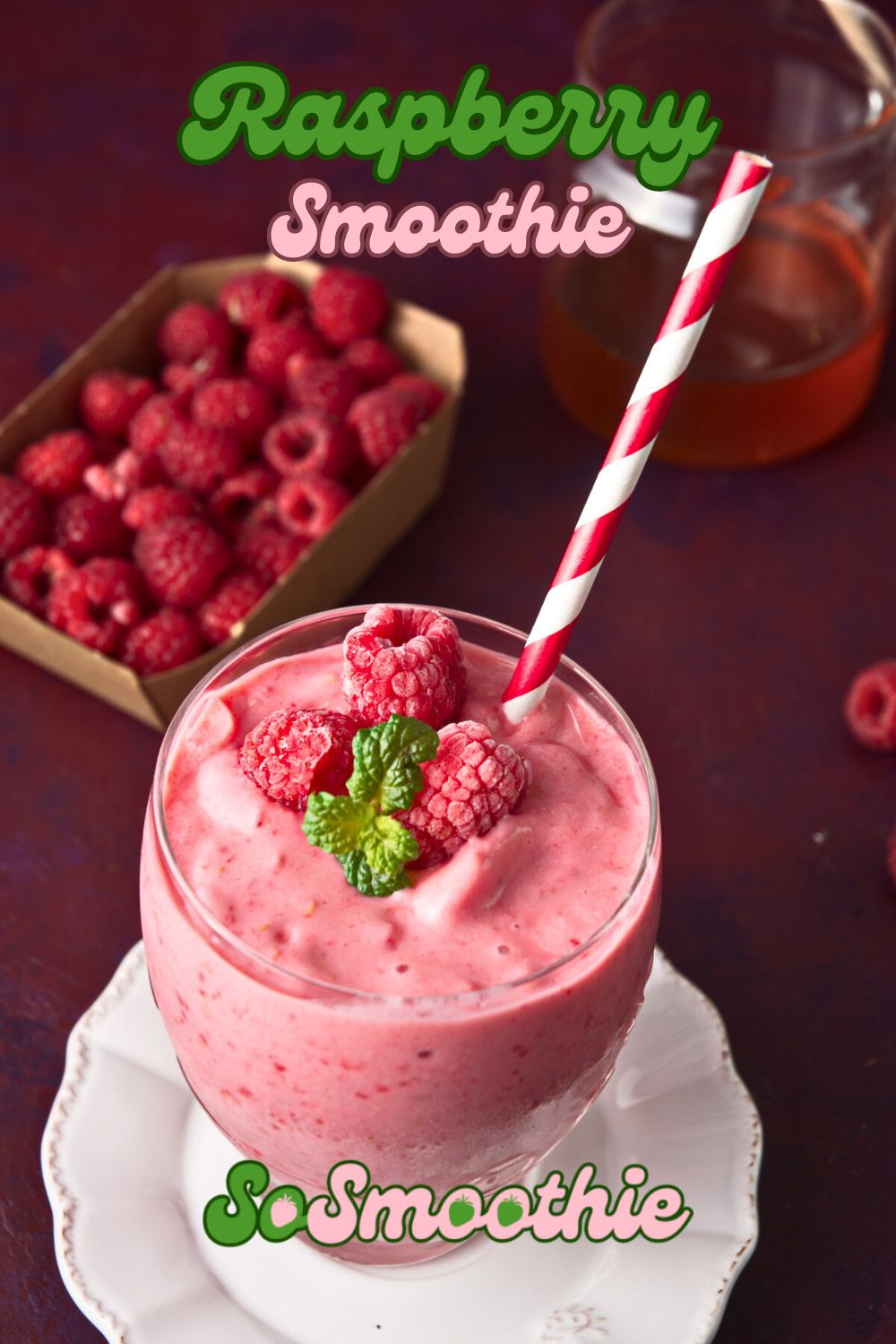 Image of raspberry smoothie in glass with text overlay that says 'Raspberry Smoothie - SoSmoothie'.