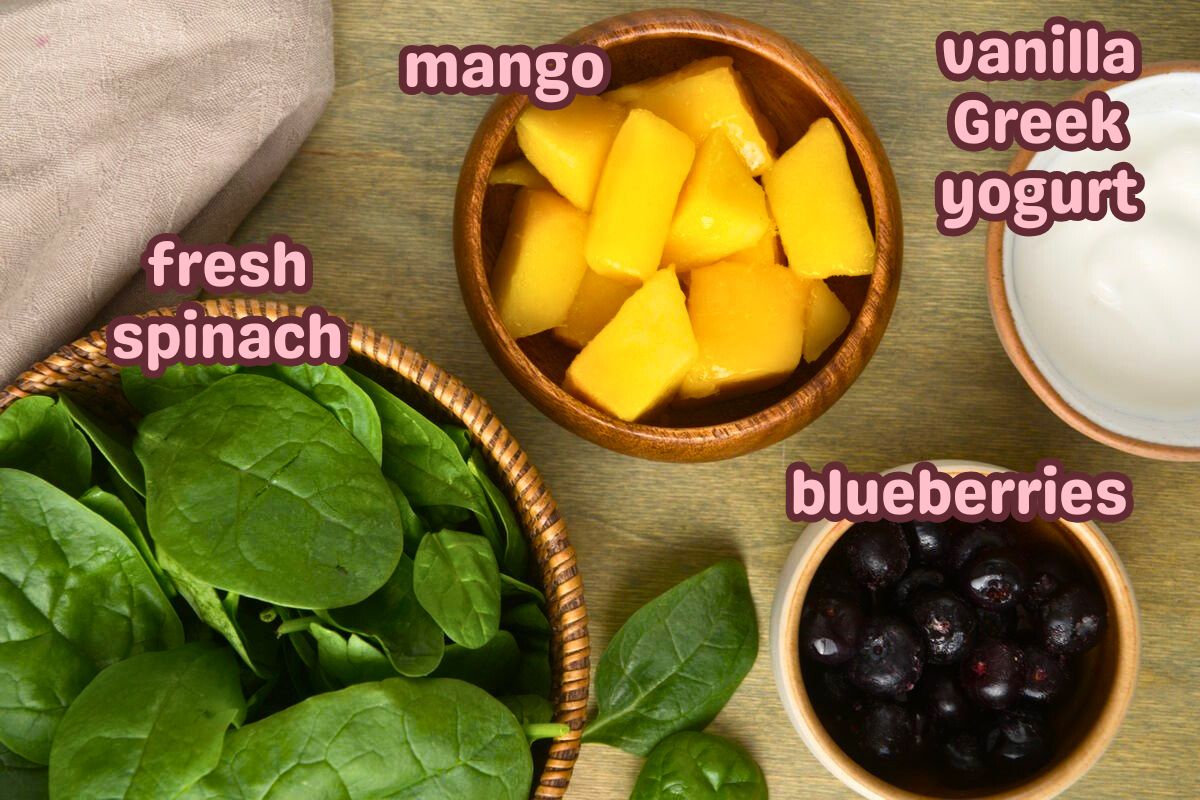 Spinach smoothie ingredients labeled.