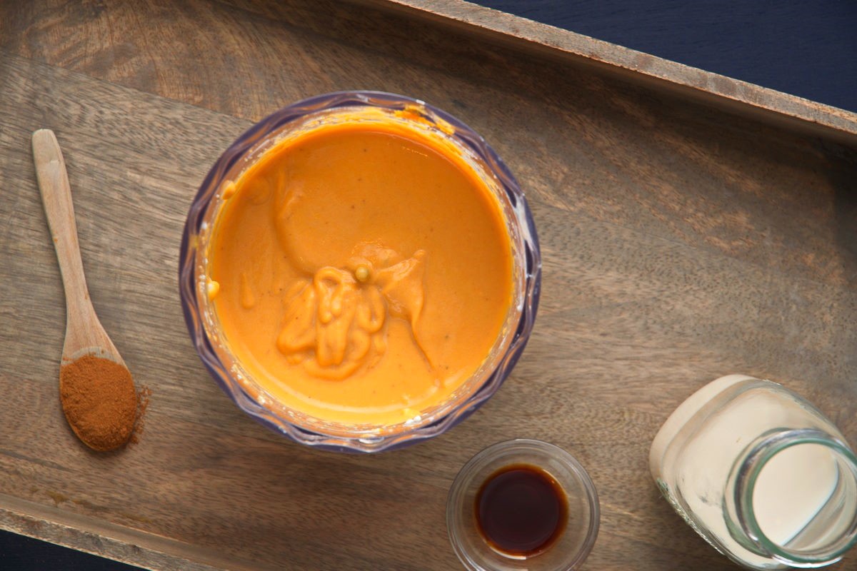 Sweet potato smoothie blended in food processor.